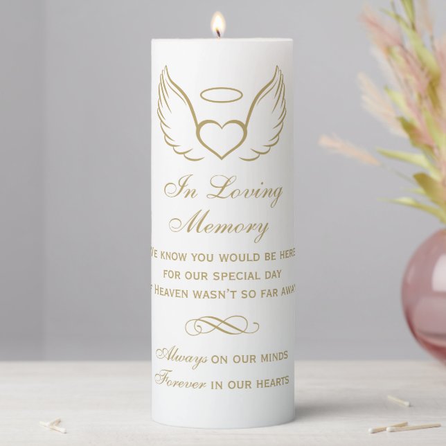 In Loving Memory Angel Wings Gold Pillar Candle (In Situ)