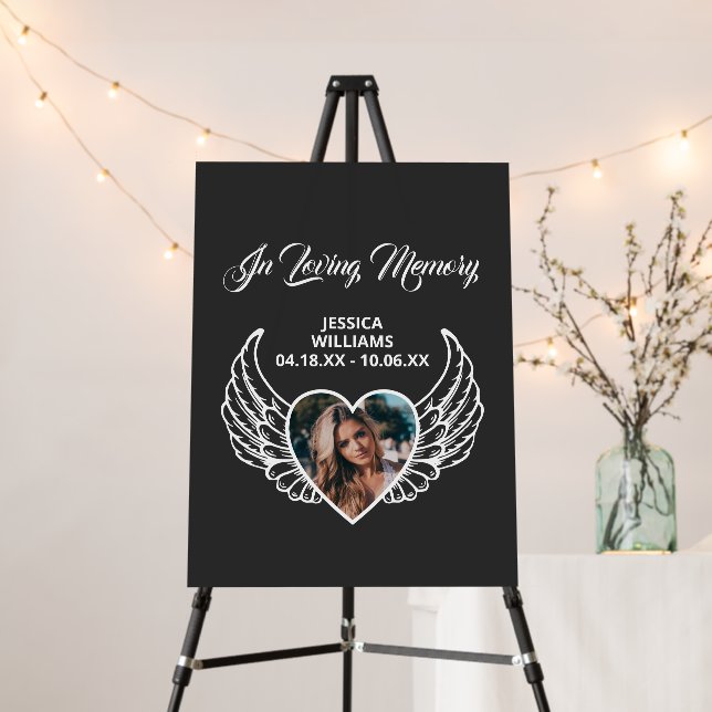 In Loving Memory Angel Wings Heart Funeral Sign (In Situ (Stand))