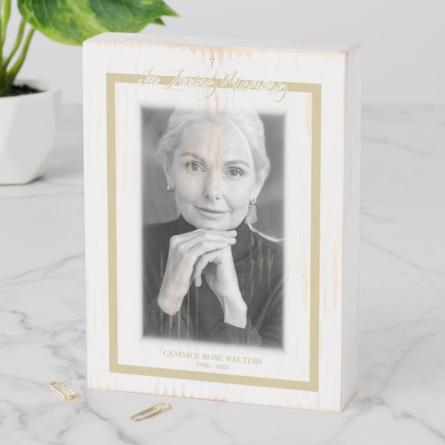 In Loving Memory B&W Golden Photo Service Dear Wooden Box Sign (In Situ Vertical)