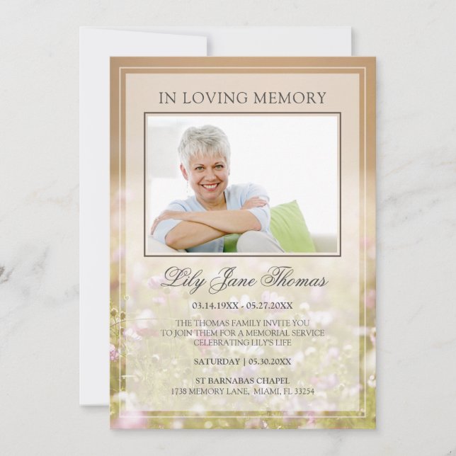 In Loving Memory Beige Meadow Funeral Photo Invitation (Front)
