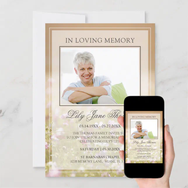In Loving Memory Beige Meadow Funeral Photo Invitation | Zazzle