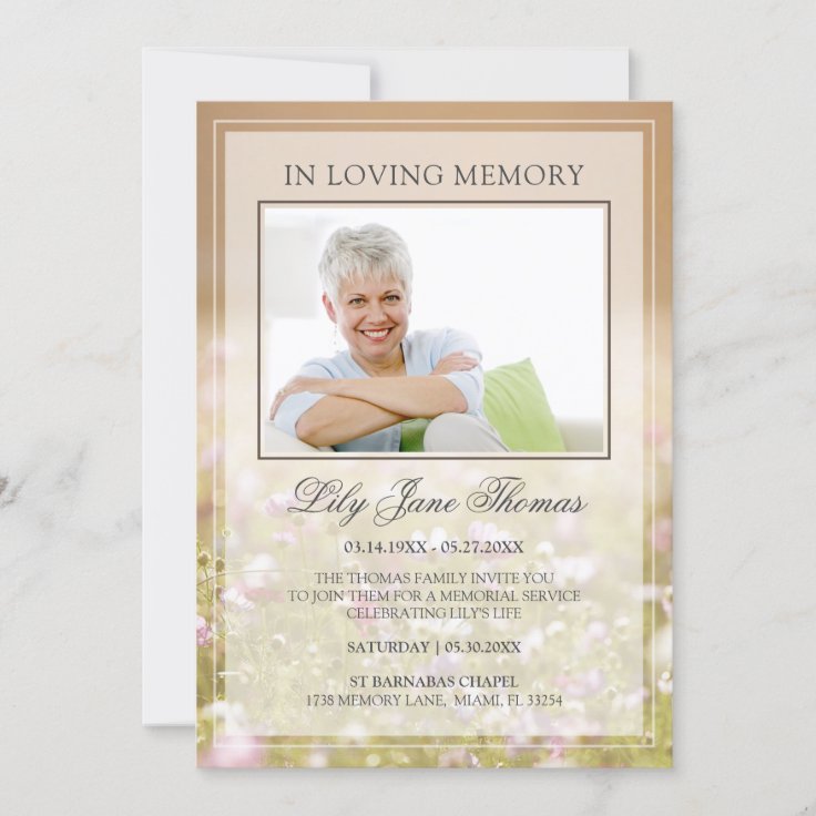 In Loving Memory Beige Meadow Funeral Photo Invitation | Zazzle