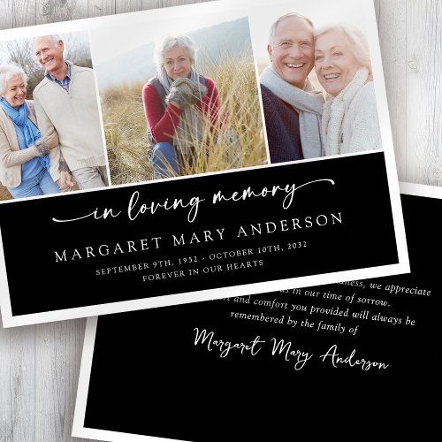 In Loving Memory Black 3 Photo Funeral Sympathy  Thank You Card