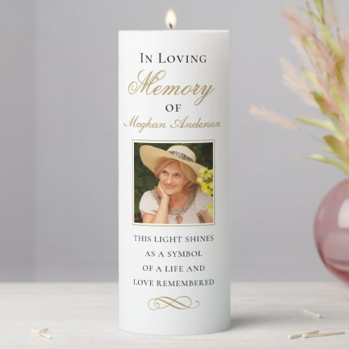 In Loving Memory Black and Gold Photo Memorial Pillar Candle