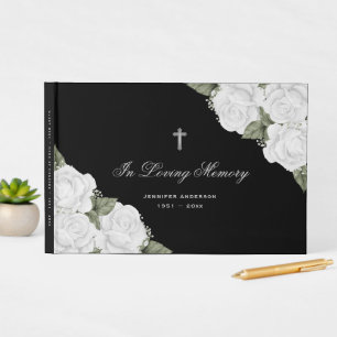 In Loving Memory Black and White Floral Funeral Guest Book