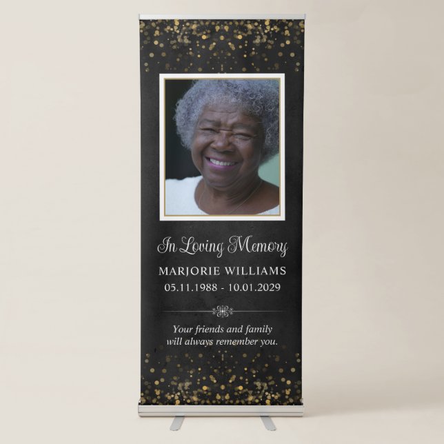In Loving Memory Black Gold Custom Message Photo Retractable Banner (Front)