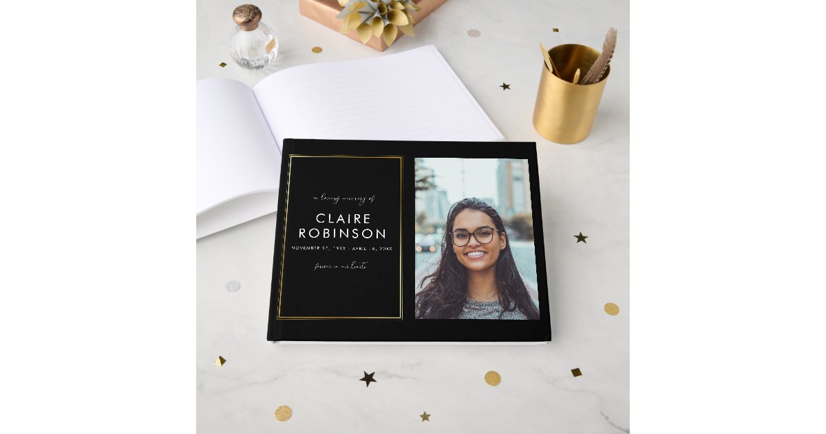 Gold Script In Loving Memory In Loving Memory Black & Gold Photo Script Funeral Guest Book | Zazzle