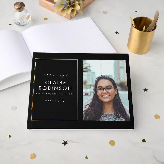 In Loving Memory Black & Gold Photo Script Funeral Guest Book | Zazzle