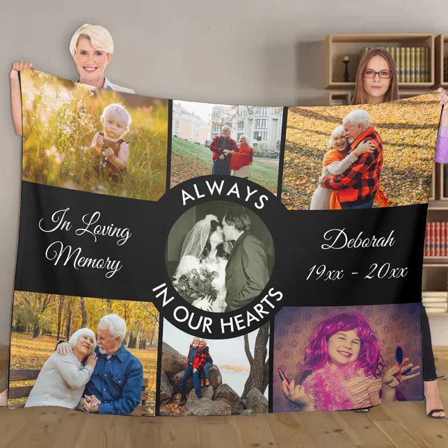 In Loving Memory Black Personalized Photo Fleece Blanket | Zazzle