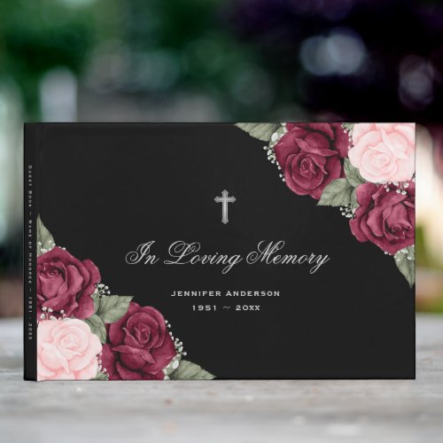 In Loving Memory Black Red Pink Floral Funeral Guest Book