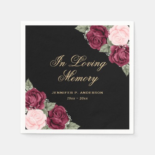 In Loving Memory Black Red Pink Floral Funeral Napkins