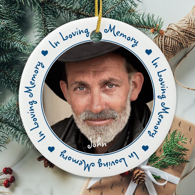 In Loving Memory Blue Christmas Keepsake Photo Ceramic Ornament (Creator Uploaded)
