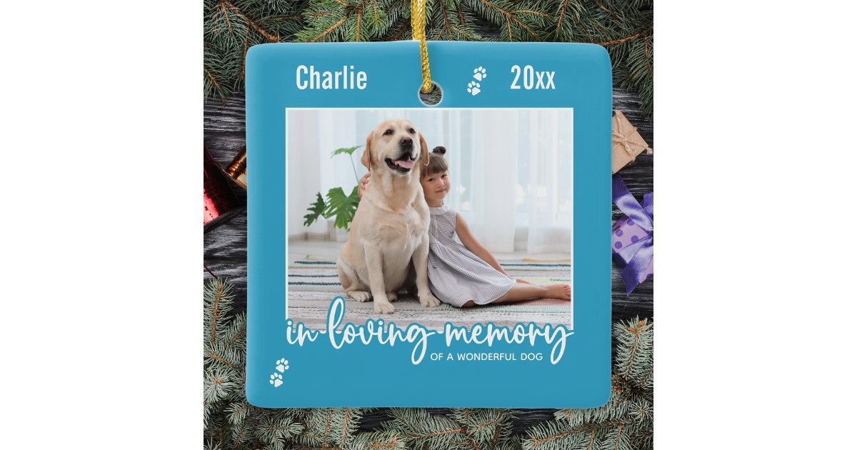 In Loving Memory Blue Dog Photo Pet Memorial Ceramic Ornament | Zazzle