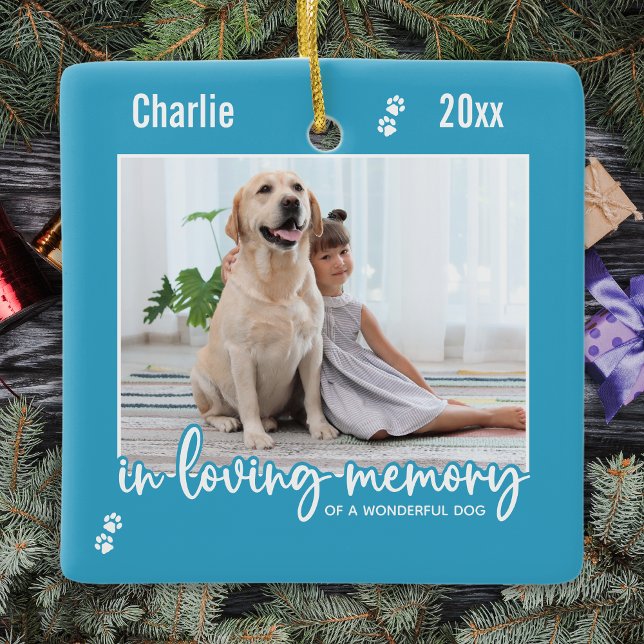 In Loving Memory Blue Dog Photo Pet Memorial Ceramic Ornament (Creator Uploaded)