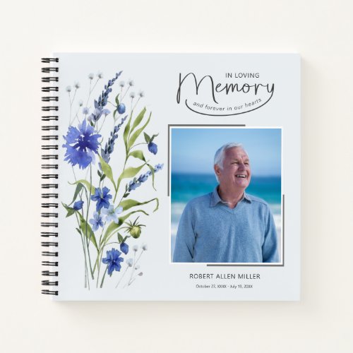 In Loving Memory Blue Floral Funeral Guest Book