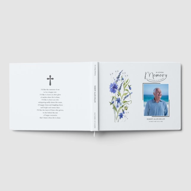 In Loving Memory Blue Floral Funeral Guest Book