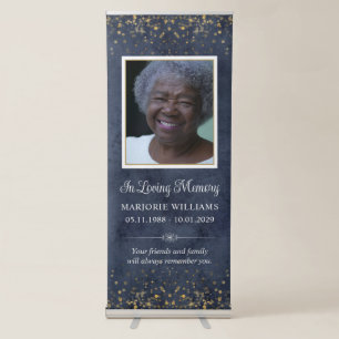 In Loving Memory Blue Gold Custom Message & Photo Retractable Banner