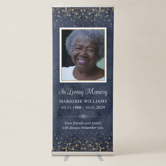 In Loving Memory Blue Gold Custom Message & Photo Retractable Banner (Front)
