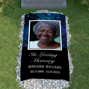 In Loving Memory Blue Photo Grave Cover Blanket Banner