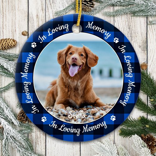 In Loving Memory Blue Plaid Dog Photo Pet Memorial Ceramic Ornament