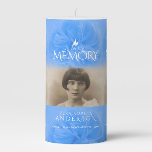 In loving memory blue rose photo pillar candle