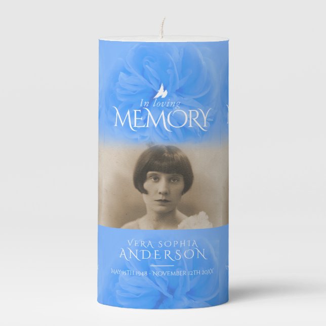 In loving memory blue rose photo pillar candle (Front)