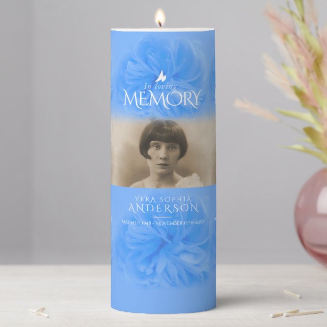 In loving memory blue rose photo tall pillar candle (In Situ)