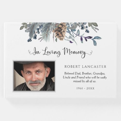 In Loving Memory Blue Rustic Floral Funeral Photo Guest Book