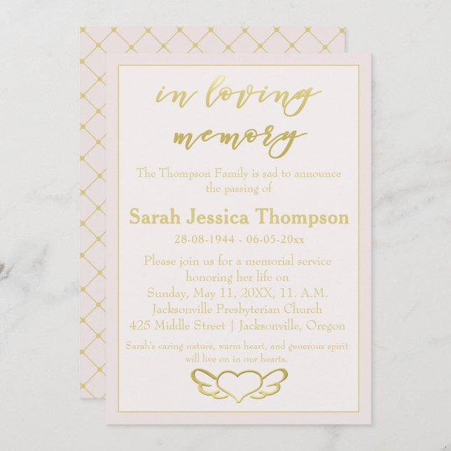 In Loving Memory - Blush & Gold Memorial Service Invitation (Front/Back)