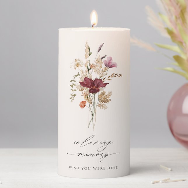 In Loving Memory Boho Wildflower Memorial Wedding Pillar Candle (In Situ)
