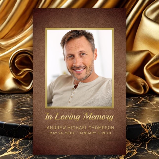 In Loving Memory Brown Gold Photo Funeral Card (In Loving Memory Faux Brown Leather Photo Funeral Card with Poem for men)