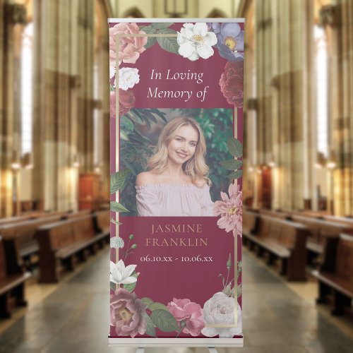 In Loving Memory Burgundy Floral Photo Funeral Retractable Banner