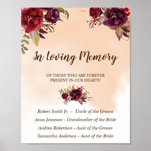 In Loving Memory Burgundy Flowers Wedding Sign