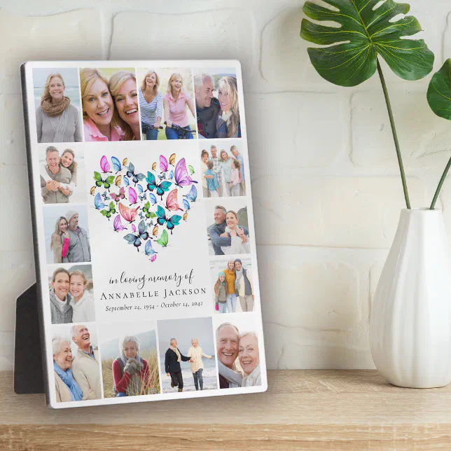 In Memory Collge In Loving Memory Butterfly Heart Photo Collage Plaque | Zazzle