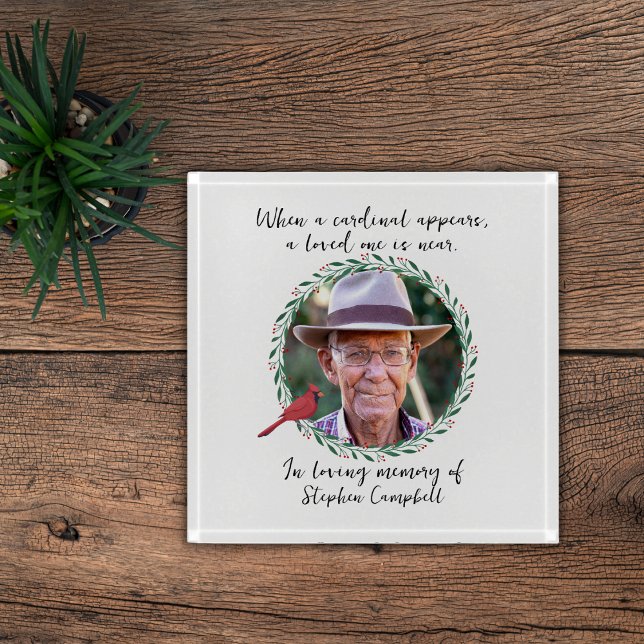 In Loving Memory Cardinal Wreath Photo Sympathy  Paperweight (Personalize with the name and picture of your loved one in remembrance.)