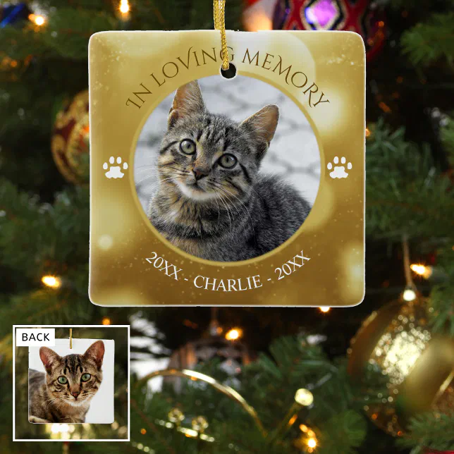 In Loving Memory Cat Photo Gold Keepsake Ceramic Ornament | Zazzle