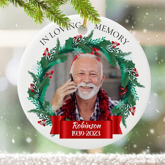 In Loving Memory Christmas Wreath Grandpa Photo Ceramic Ornament (Creator Uploaded)