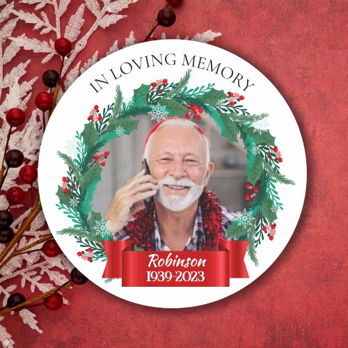 In Loving Memory Christmas Wreath Grandpa Photo Classic Round Sticker