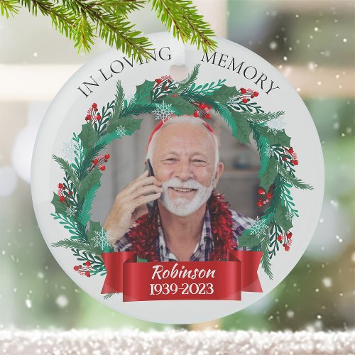 In Loving Memory Christmas Wreath Grandpa Photo Glass Ornament