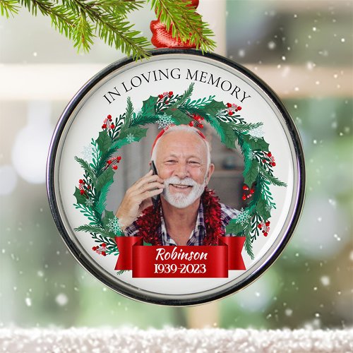In Loving Memory Christmas Wreath Grandpa Photo Metal Ornament