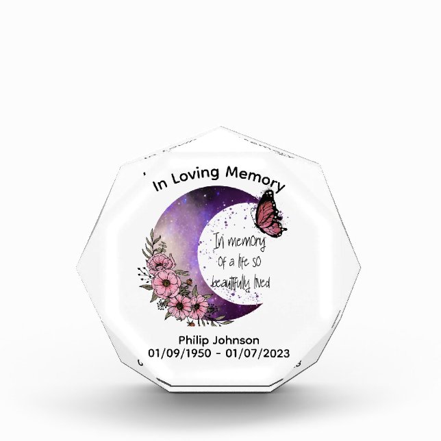 In Loving Memory. Crescent Moon Butterfly. Edit Acrylic Award (Front)