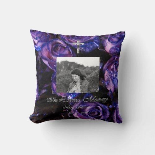 In Loving Memory Cross Add Photo Floral Purple Throw Pillow