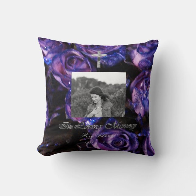 In Loving Memory Cross Add Photo Floral Purple Throw Pillow (Front)