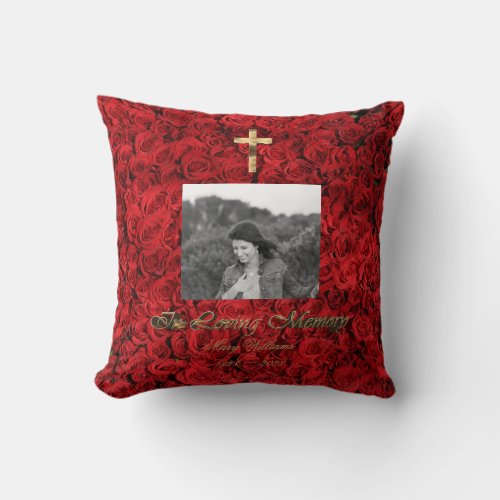 In Loving Memory Cross Add Photo Red Roses Floral Throw Pillow