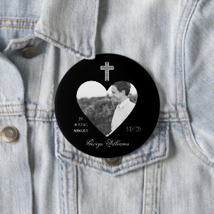 In Loving Memory Cross Heart Shape Photo Memorial Button