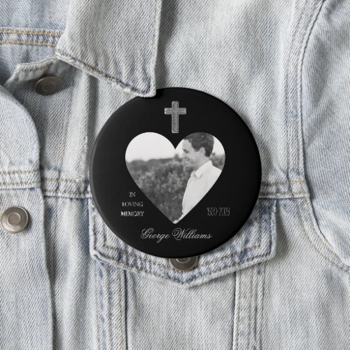 In Loving Memory Cross Heart Shape Photo Memorial Button