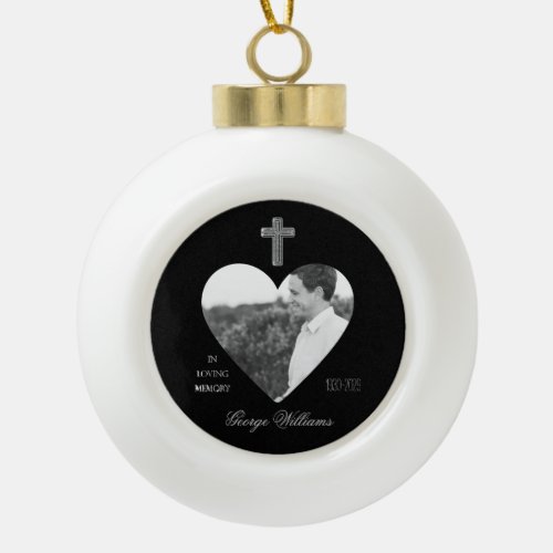 In Loving Memory Cross Heart Shape Photo Memorial Ceramic Ball Christmas Ornament