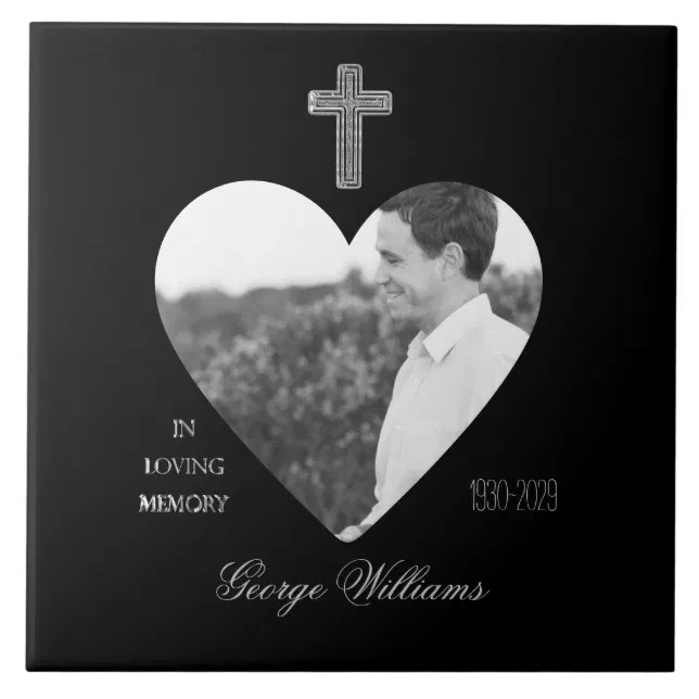 In Loving Memory Cross Heart Shape Photo Memorial Ceramic Tile | Zazzle