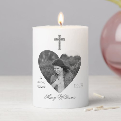 In Loving Memory Cross Heart Shape Photo Memorial Pillar Candle