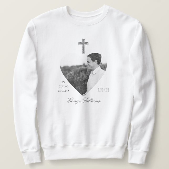 In Loving Memory Cross Heart Shape Photo Memorial Sweatshirt (Design Front)